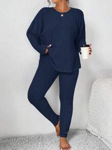 SHEIN Frenchy 女士秋季服装返校运动套装简约简约紧身纹理打底裤和长袖上衣套装女士加大两件套 - 寶藍色 - 查看 6