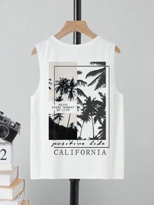 CALIFORNIA 青少年男孩休闲简约夏季椰子树图案圆领无袖背心，适合夏季