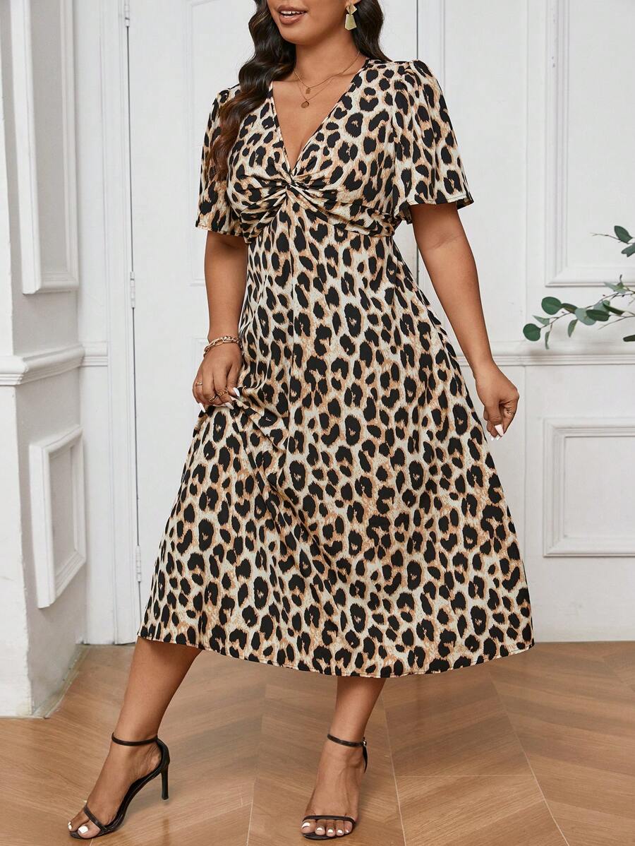 SHEIN Frenchy Plus Size Fall Vintage Leopard Print Short Sleeve Kink Cinched 
Waist Dress - Multicolor - View 1