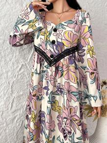 Al Najma Elegante, losse, bescheiden jurk met lange mouwen en willekeurige bloemenprint voor dames