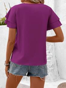 EMERY ROSE Solid Color Raglan Sleeve Casual Shirt,Short Sleeve Tops - Purple - View 2