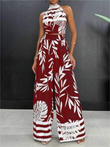 SHEIN LUNE Women's Random Print Minimalist Daily Wear Halter Top And Pants Set