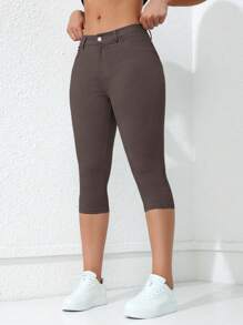 Chiquease 女式纯色口袋紧身休闲九分裤 - 咖啡棕 - 查看 3