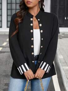 SHEIN LUNE Plus Size Women's Colorblock Cuff Minimalist Daily Suit - Black - View 5