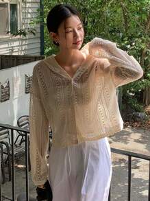 DAZY Drop Shoulder Button Front Hooded Tee Sheer Long Sleeve Women Tops Cover Ups For Swimwear - White - View 2