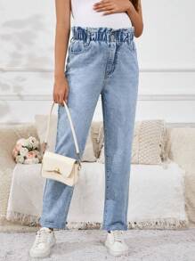 SHEIN Maternity Casual Straight Leg Jeans With Side Pockets & Frill Trim Waist - Light Wash - View 1