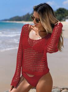 SHEIN Swim Women Solid Color Casual Hollow Out Sheer Cover Up Summer - Red - View 4