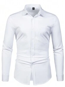Manfinity Mode Men's Solid Color Plain Simple Casual Long Sleeve Basic Business Dress Shirt, White, For Boyfriend Gift, Fall - White - View 4