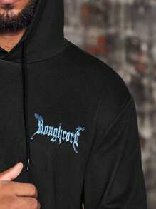 Manfinity LEGND Plus Size Men's Letter & Skull Print Drawstring Sweatshirt And Pocket Pants Set,Halloween Clothes , Party , Goth , Plain , Letter - Black - View 3