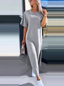 INAWLY Women Casual Solid Side Slit Dress - Grey - View 4