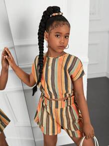 SHEIN Conjunto de 3 piezas para niñas preadolescentes: top casual sin mangas, pantalones de pierna recta y scrunchies para el cabello, primavera verano
