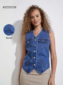 WESTFADE Premium 91% Cotton Denim Boyfriend Vest - Blue - View 1