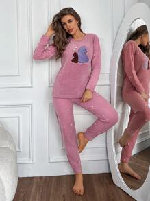 RueChic Embroidery Cartoon Pattern Flannel PJ Set - Hot Pink - View 4