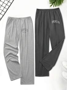 2pcs Men's Letter Print Elastic Waist Lounge Pants Sleepwear Set