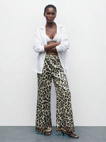 Maija Women's Leopard Print Wide Leg Pants,Beige Chic Autumn Vacation,Bohemian Style Comfortable Fashion Beach Versatile Spring/Summer Wear - Khaki - View 2