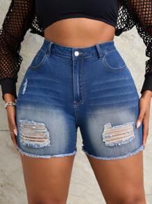 SHEIN SXY Grote maat dameszakken met versleten, ruwe zoom casual denim shorts
