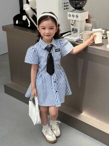 SHEIN Little Byeori Young Girl Woven Striped Collar Fitted Casual Tie Neck Dress - Blue and White - View 3