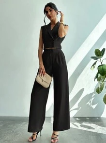 Firerie 2 件套女士黑色商务休闲领衬衫，收腰直筒裤套装，正装，旅行装机场 - 黑色 - 查看 4
