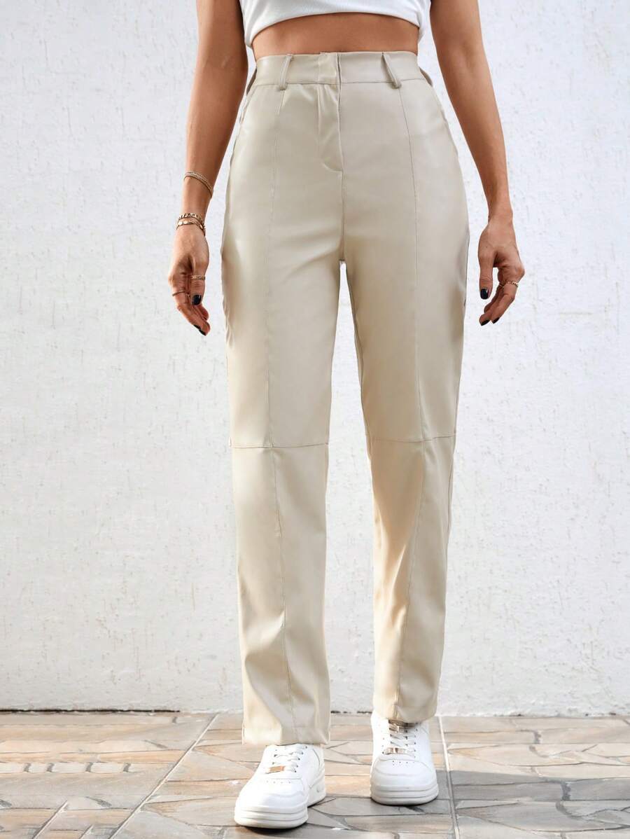 SHEIN Cottnline 女式纯色口袋设计休闲长裤 - 米色 - 查看 1