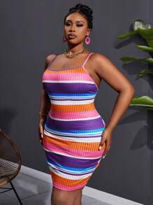 Slaydiva 大码休闲吊带彩色条纹仿坑布全印花迷你紧身连衣裙女装-H，适合夏季 - 彩色 - 查看 5