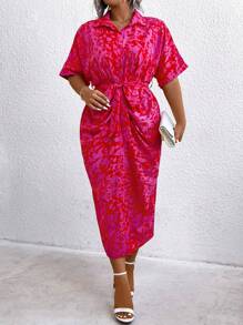 夏季大码休闲豹纹蝙蝠袖前扣衬衫裙