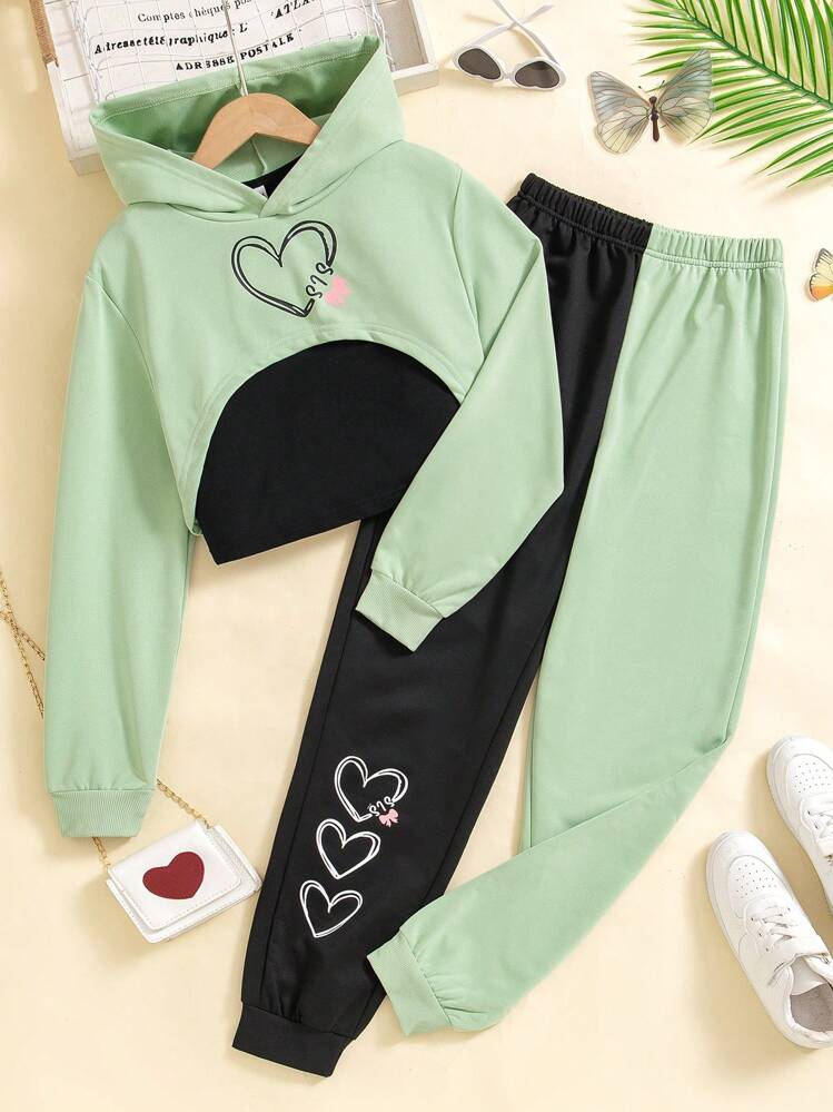 Bộ 3 áo nỉ trùm đầu in hình trái tim cho bé gái tuổi teen, áo ba lỗ và quần nỉ in hình trái tim tương phản trang phục thường ngày - màu xanh lá - Xem 7