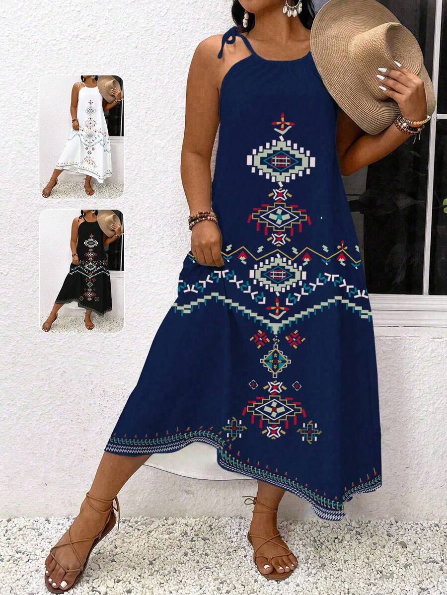 SHEIN LUNE Robe cami à bretelles avec nœud imprimé géométrique Plus - Bleu marine - Voir 1