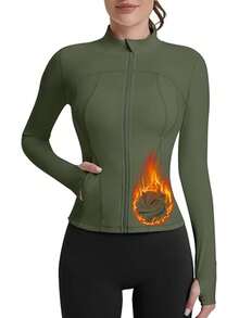 Trioutop Zipper Solid Color Sports Lightweight Track Workout Yoga Short Blazer With Pockets - Green - View 3