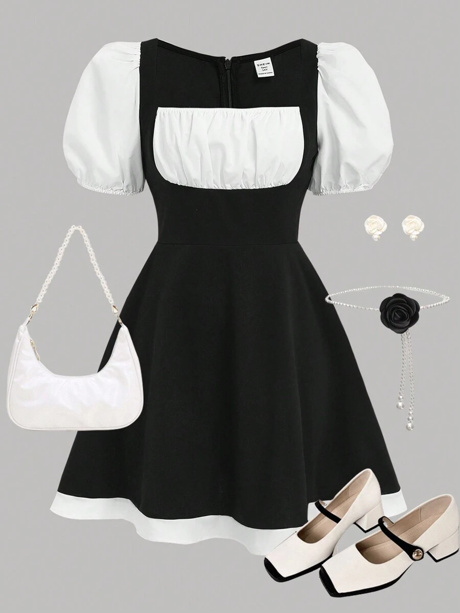 SHEIN Vestido de bloques de color con mangas abullonadas dulce y elegante de la Academia para niña adolescente, negro y blanco - Blanco y Negro - Ver 1