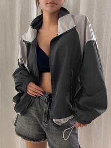 DAZY 双色抽绳下摆落肩拉链夹克，秋装 - 深灰色 - 查看 2