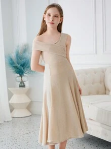 SHEIN Tween Girls 1pc Wrap Cross Split Thigh Glitter Party Dress - Apricot - View 2