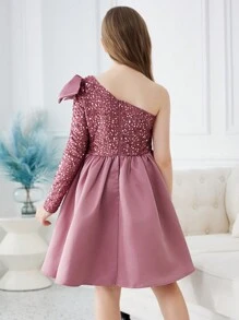 SHEIN 少女斜肩領、蝴蝶結和串珠拼接裙 - 粉色 - 查看 2