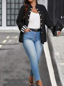 SHEIN LUNE Plus Size Women's Colorblock Cuff Minimalist Daily Suit - Black - View 6