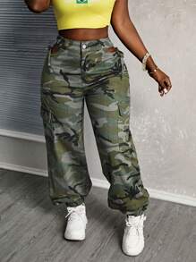 SHEIN Slayr 女士迷彩高腰抽绳牛仔裤 - 軍綠色 - 查看 1