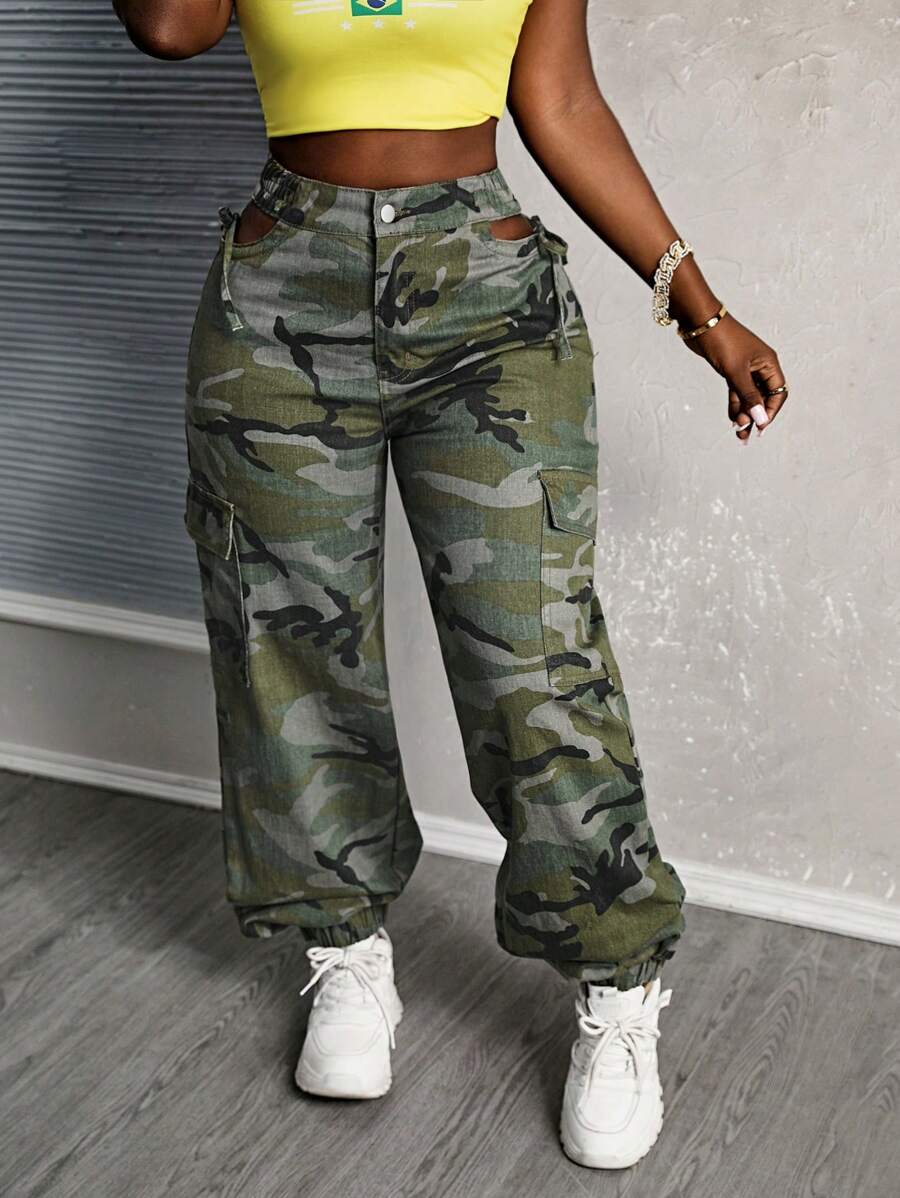 SHEIN Slayr 女士迷彩高腰抽绳牛仔裤 - 軍綠色 - 查看 1