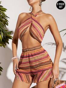 Hauture Striped Crochet Cross Top & Shorts Two Pieces Set - Multicolor - View 1