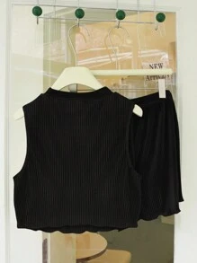 SHEIN EZwear Plus Size Summer Casual Solid Color Tank Top And Shorts 2-Piece Set - Black - View 2