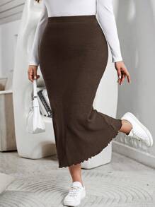 SHEIN Essnce Plus Size Summer And Autumn Casual Slim Fit Comfortable Brown Textured Fabric Elastic Waist Long Skirt,Back To School Clothes,Fall - Coffee Brown - View 1