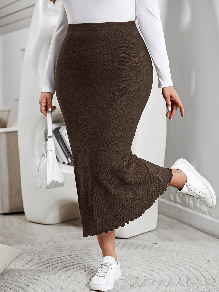 SHEIN Essnce Plus Size Summer And Autumn Casual Slim Fit Comfortable Brown Textured Fabric Elastic Waist Long Skirt,Back To School Clothes,Fall - Coffee Brown - View 1