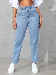 SHEIN PETITE Front Button Multiple Pockets Casual Denim Pants, Daily Wear - Light Wash - View 4