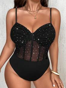 NU&NOW Bodysuit Renda Tanpa Lengan Ukuran Besar dengan Tali Bahu Tipis, Tanpa Punggung, dan Dekorasi Berkilau - Hitam - View 6