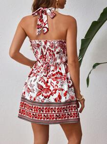 SHEIN VCAY In hoa Halter Neck Kỳ nghỉ Đầm Cho mùa hè - Đỏ và trắng - Xem 2