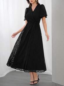 Modelyn 女士网眼荷叶边短袖连衣裙长款晚礼服 - 黑色 - 查看 1