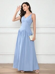 SHEIN Belle 纯色细肩带优雅伴娘礼服 - 藍色 - 查看 1
