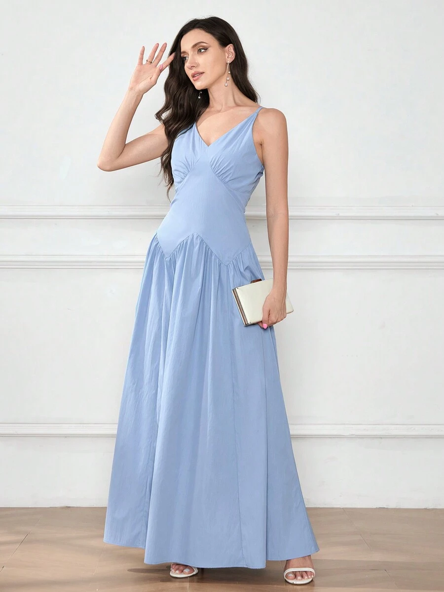 SHEIN Belle 纯色细肩带优雅伴娘礼服 - 藍色 - 查看 1