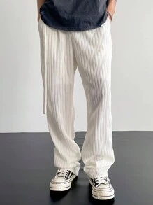 Claim Dot Men's Solid Color Side Buckle Loose Straight Casual Pants - White - View 4