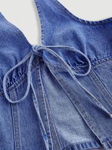 SHEIN MOD 女式夏季露背挂脖式牛仔侧开衩衬衫 - 淺色水洗藍 - 查看 4