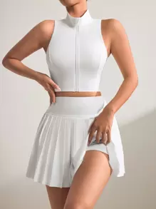 SHEIN Sport Studio Women's Solid Color Zipper Front Stand Collar Vest And Pleated Skirt Sportswear Set Workout Women Setwomen Workout Set