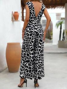 SHEIN LUNE Combinaison femme à jambes larges avec taille cintrée et col en V imprimé léopard pour l'été - Gris - Voir 2