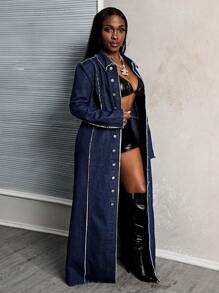 Slaydiva Women Plain Simplistic Long Sleeve Denim Jacket - Medium Wash - View 7